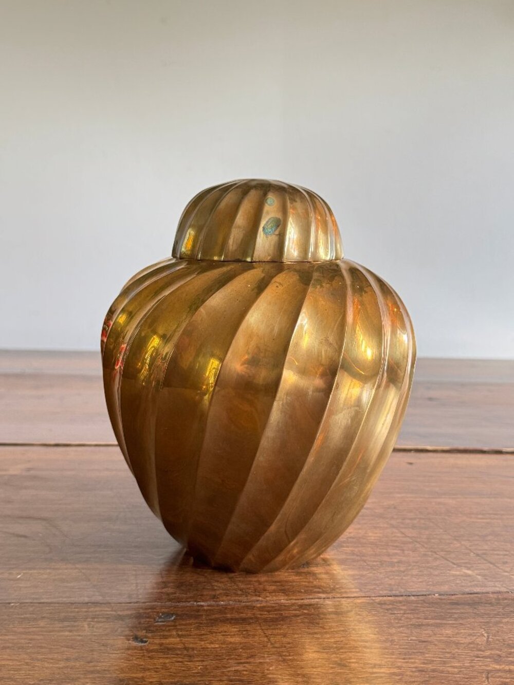 Vintage Heavy Solid Brass Ginger Jar with Swirled Sides and Rounded Lid